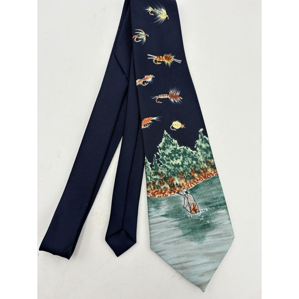 Fly Fishing Pattern Tie Necktie Vintage A. Rogers‎ Navy Blue Fish Lures Korea